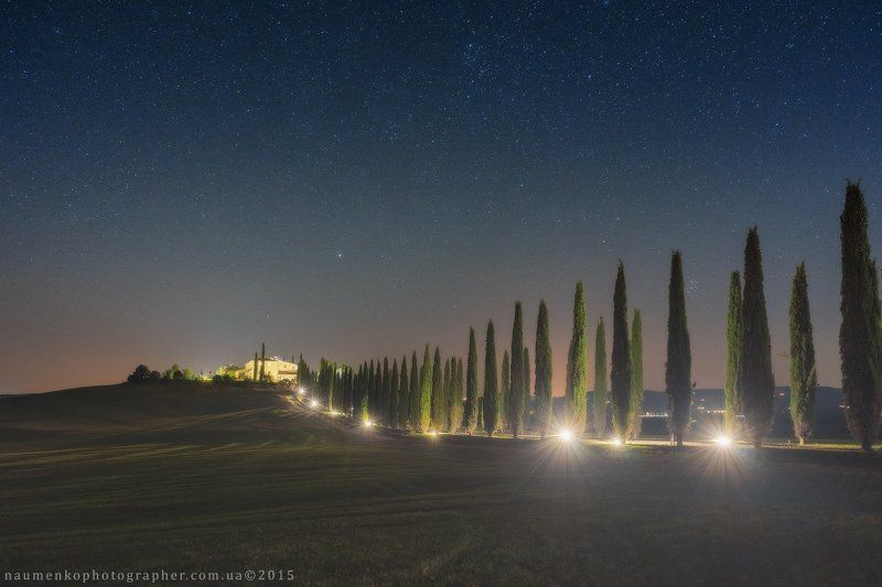 звезды,	италия,	ночь,	свет, тоскана,	вилла, sony Италия. Тоскана. Кипарисовая аллея к вилле Poggio Covili фото превью