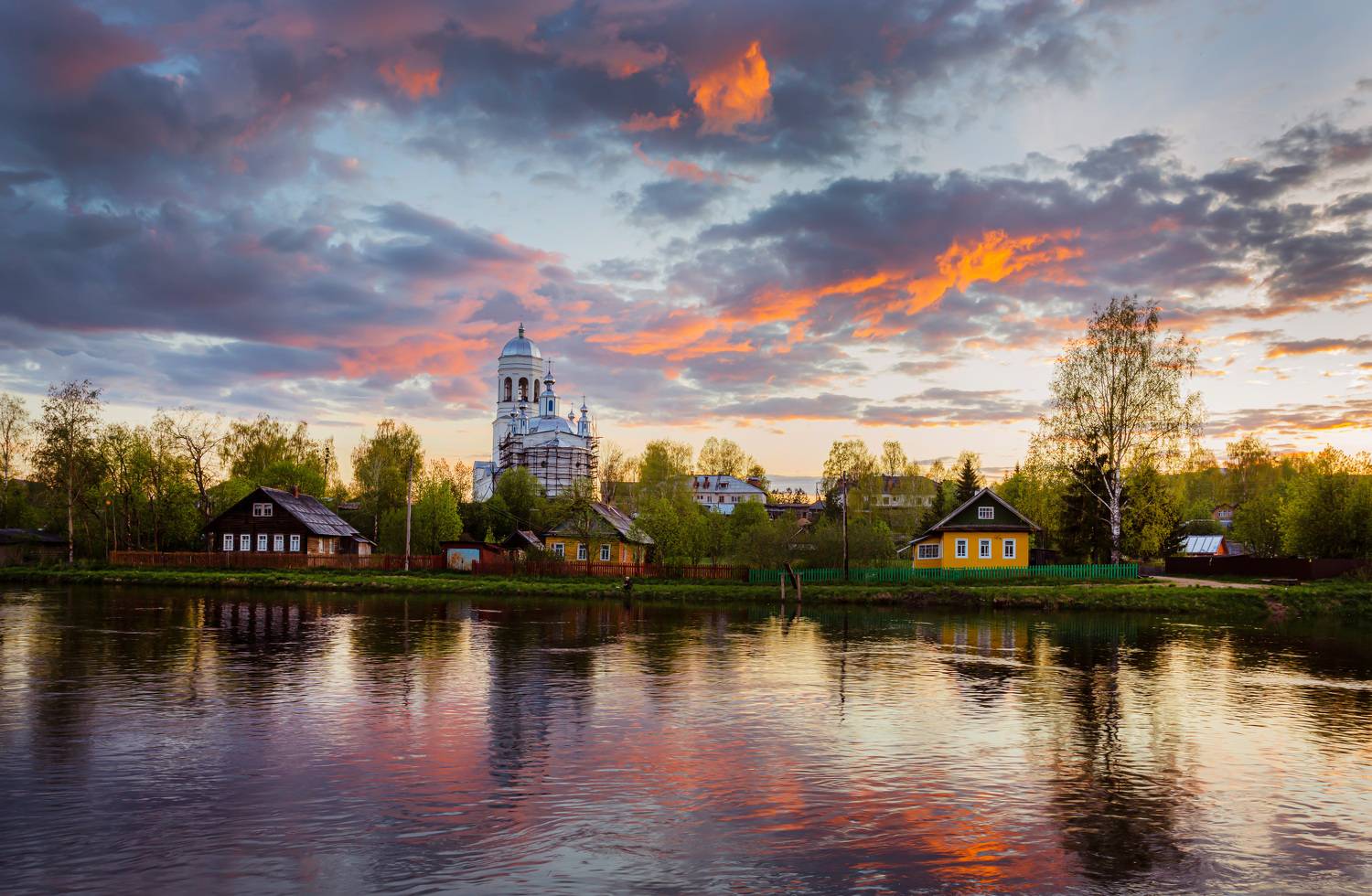 пежма, закат, храм, церковь, река, деревня, изба, Наталия Колтакова