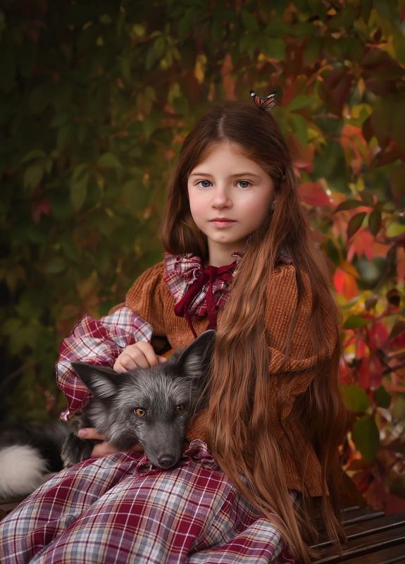 Лиса, девочка, дети, животные, портрет, дружба, фотография с лисой Дружба фото превью