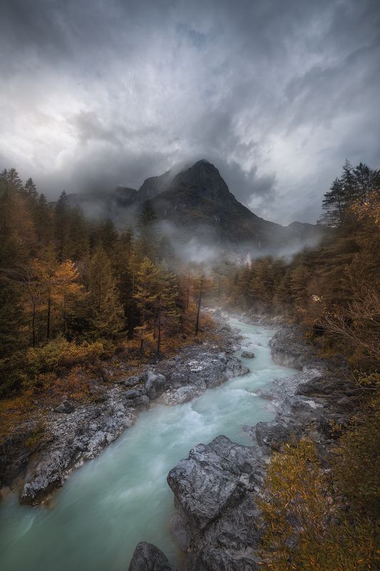 slovenia, sunrise, landscape, longexpo, nikon, autumn, fall, church, river, soca, mountain, clouds, sunset Autumn In Slovenia фото превью