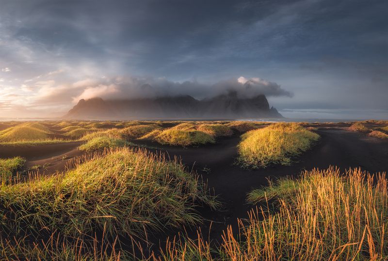 iceland, sunset, landscape, sky, sun, westrahorn, stokksness, lights, dune, mountains, mountain, clouds, hungarianphotographer Sunset At The Dunes фото превью