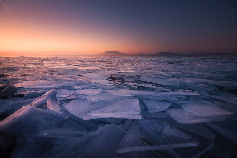 hungary, ice, winter, frozen, lake, balaton, landscape, sunset, waves Broken Waves on a Frozen Sunset фото превью