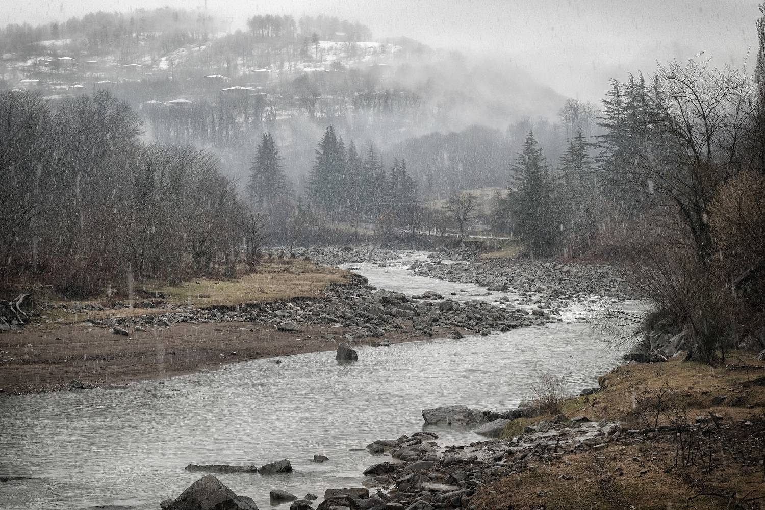 snowfall, river, february, imereti, kursebi, village, tskaltsitela, overcast, clouds, winter, forest, mountains, landscape, scenery, travel, outdoors, georgia, sakartvelo, chizh, Чиж Андрей