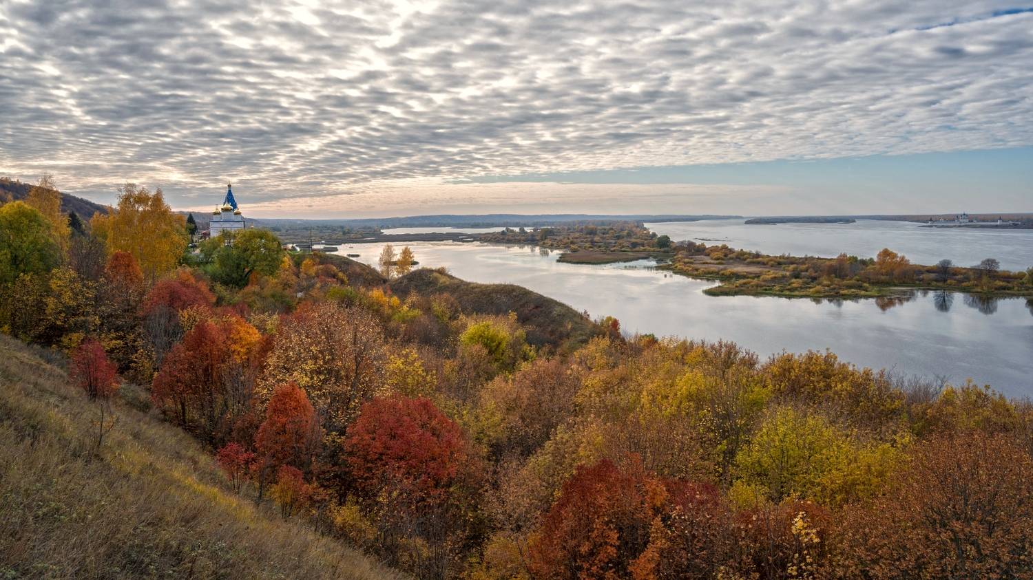 осень река деревья церковь, Колесов Андрей