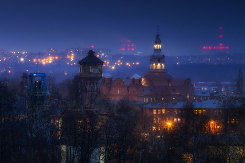 Horizontal  Photography, Architecture, Church, Cityscape, City, Night, Town, Sky, Travel, BlueHour, Nikiszowiec, Katowice, Landscape The view from my window 11.02.2024 фото превью