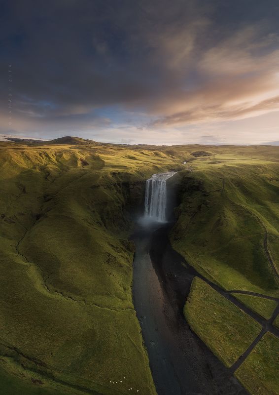 iceland, sunset, landscape, sky, sun, sunrise, areal, drone, dji, Waterfall from above фото превью