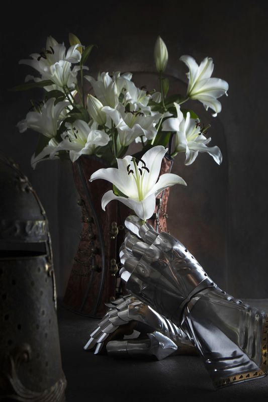 рыцарь, доспехи, перчатки, лилии, цветы, корсет, ваза, букет, династия, женский, дама, королевские, символ, щлем, отвага, доблесть, честь, битва, средневековье, воин, темный, металлический, блестящий, амуниция, защита, Цветы для Прекрасной Дамы фото превью