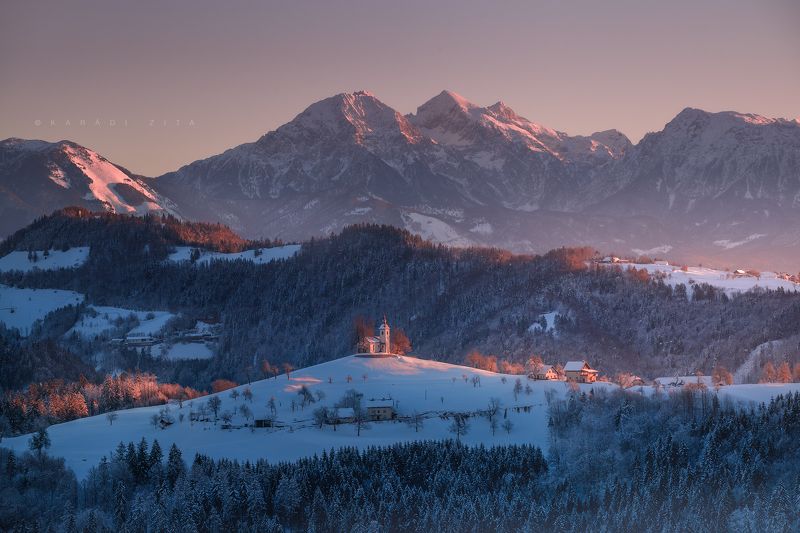 slovenia, sunrise, landscape, longexpo, nikon, autumn, winter, church,  mountain, clouds, snow Life Under the Snow фото превью