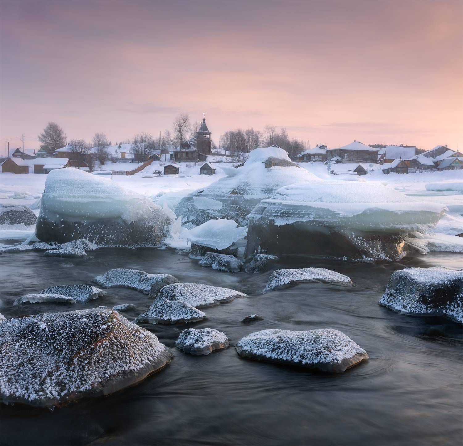 зима река утро иней камни церковь мороз, Сергей Буторин