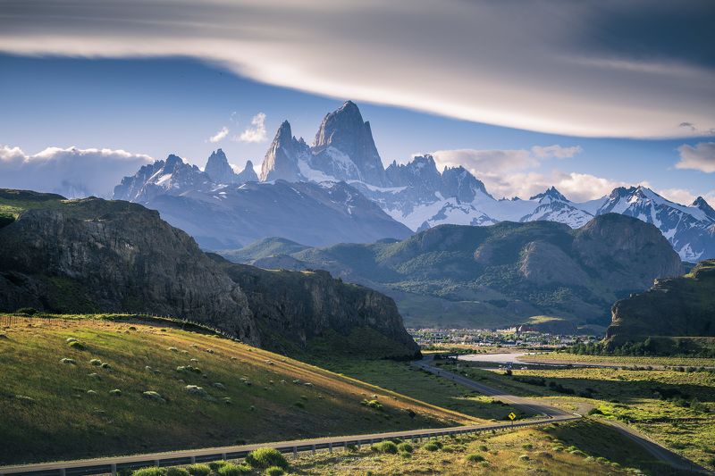 эль-чалтен, фицрой, патагония, аргентина, анды, горы, дорога, свет, вечер, вершина, fitzroy Эль-Чалтен фото превью