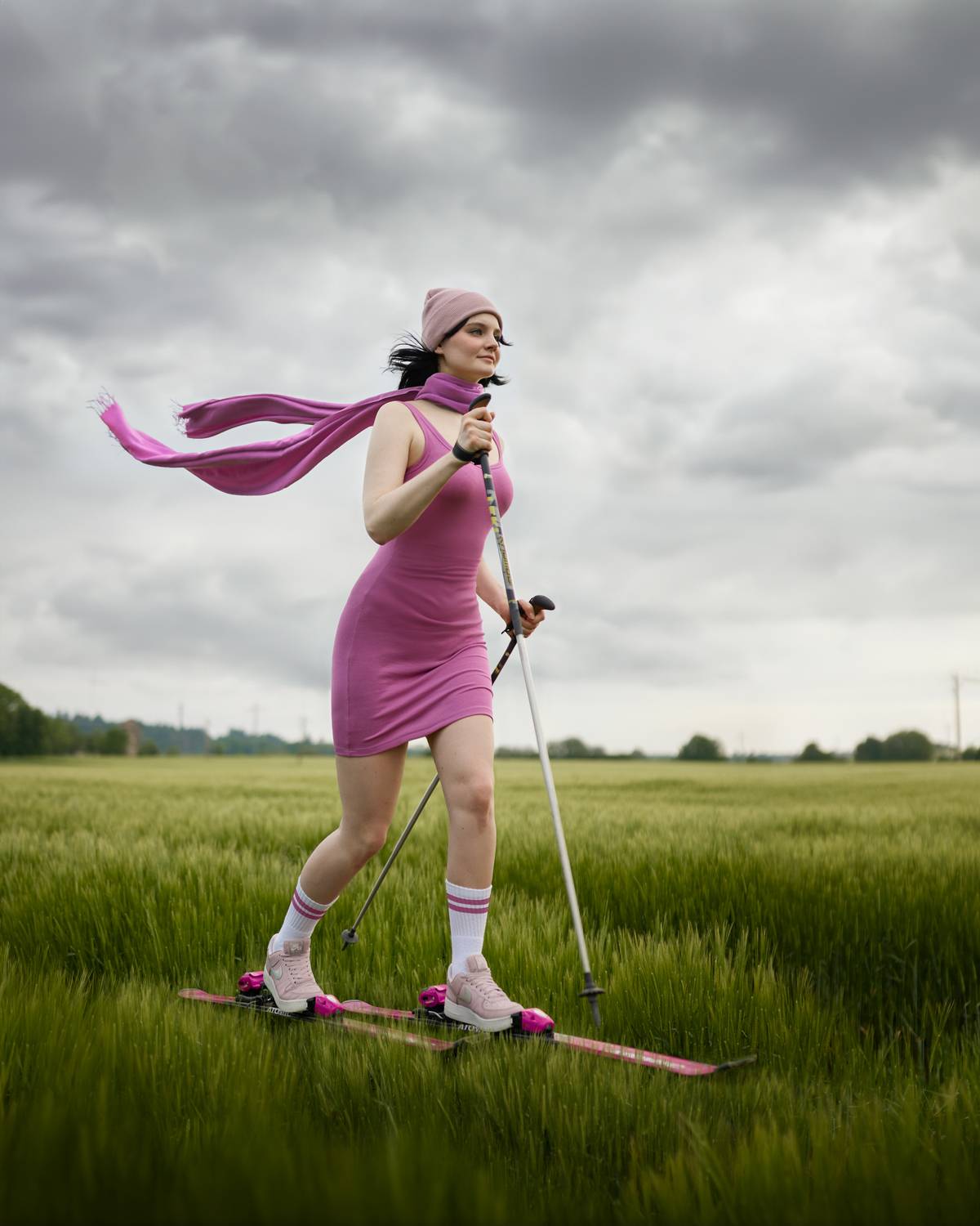 Лыжи, спорт, лето, фитнес, розовое платье, катание на лыжах, скорость, Seitner Natalie