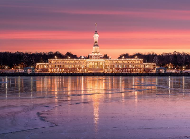 Северный речной вокзал, северное Тушино, речной вокзал, канали имени Москвы, рассвет, зима, лед, moscow, winter  фото превью