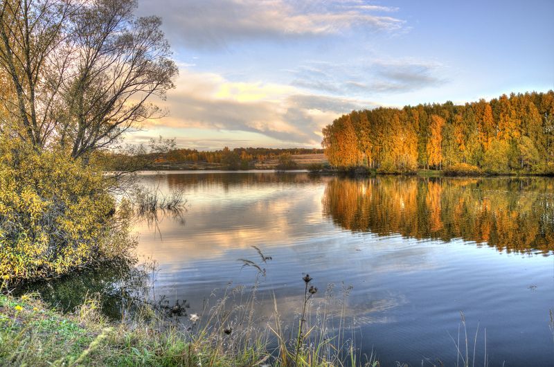 осень, золотая осень, озеро, hdr Осеннее озеро фото превью