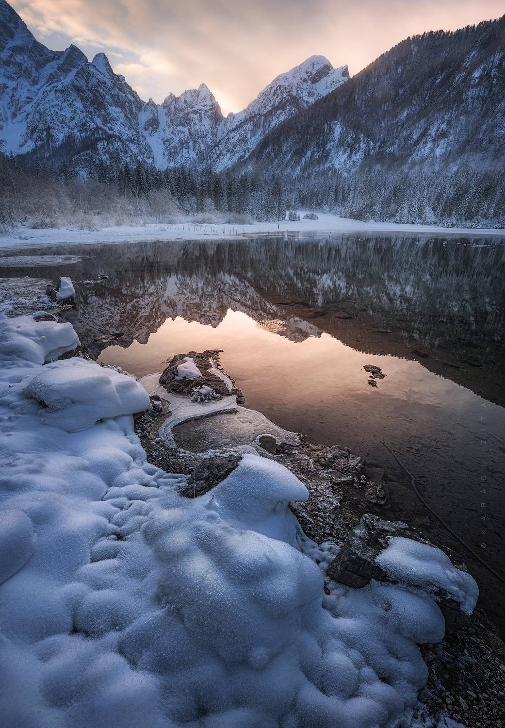 slovenia, sunset, landscape, longexpo, nikon, winter,  mountain, clouds, snow, lake, italy,, Kar&aacute;di Zita