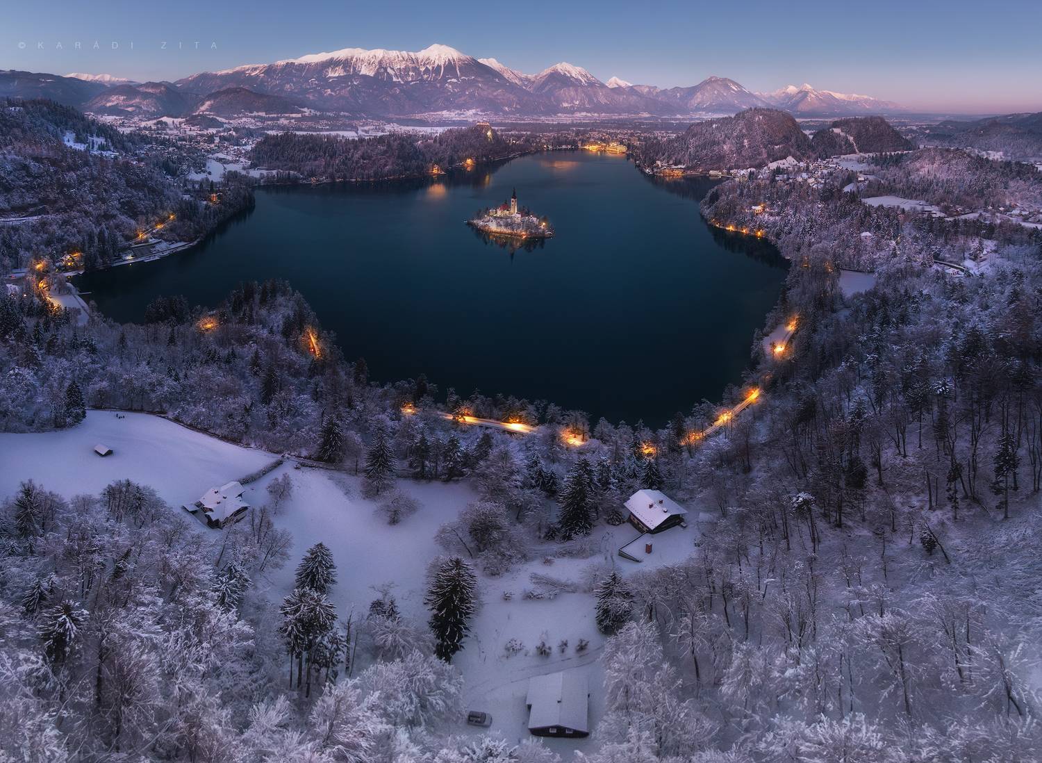 slovenia, sunset, landscape, longexpo, nikon, winter,  mountain, clouds, snow, lake, island, bluehour, Kar&aacute;di Zita