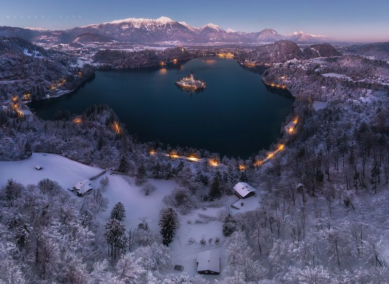 slovenia, sunset, landscape, longexpo, nikon, winter,  mountain, clouds, snow, lake, island, bluehour Necklace of the Queen Bled фото превью