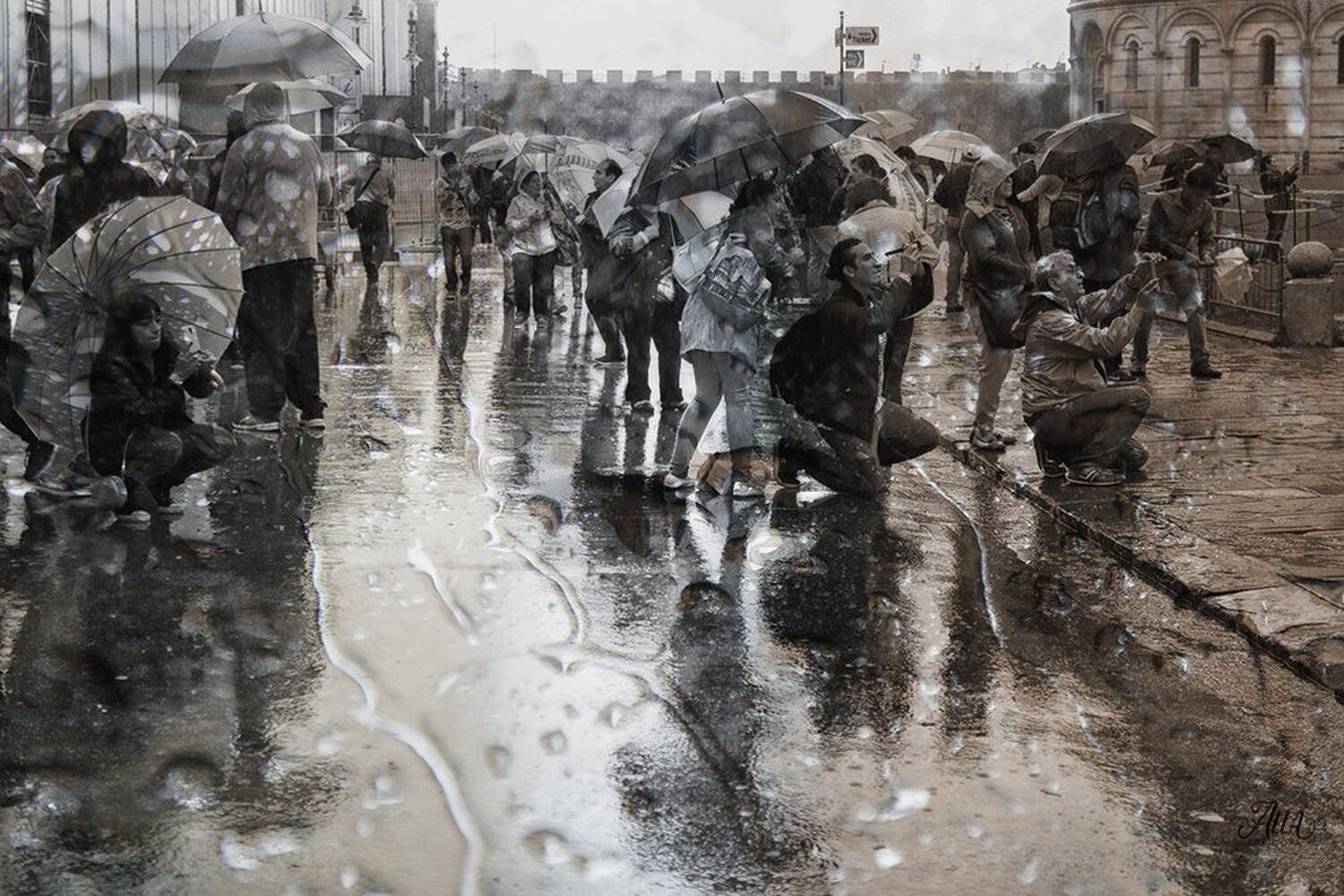 Дождь, Дорога, Зонты, Италия, Люди, Народ, Непогода, Пиза, Путешествие, Тротуар, Туристы, ALLA SOKOLOVA