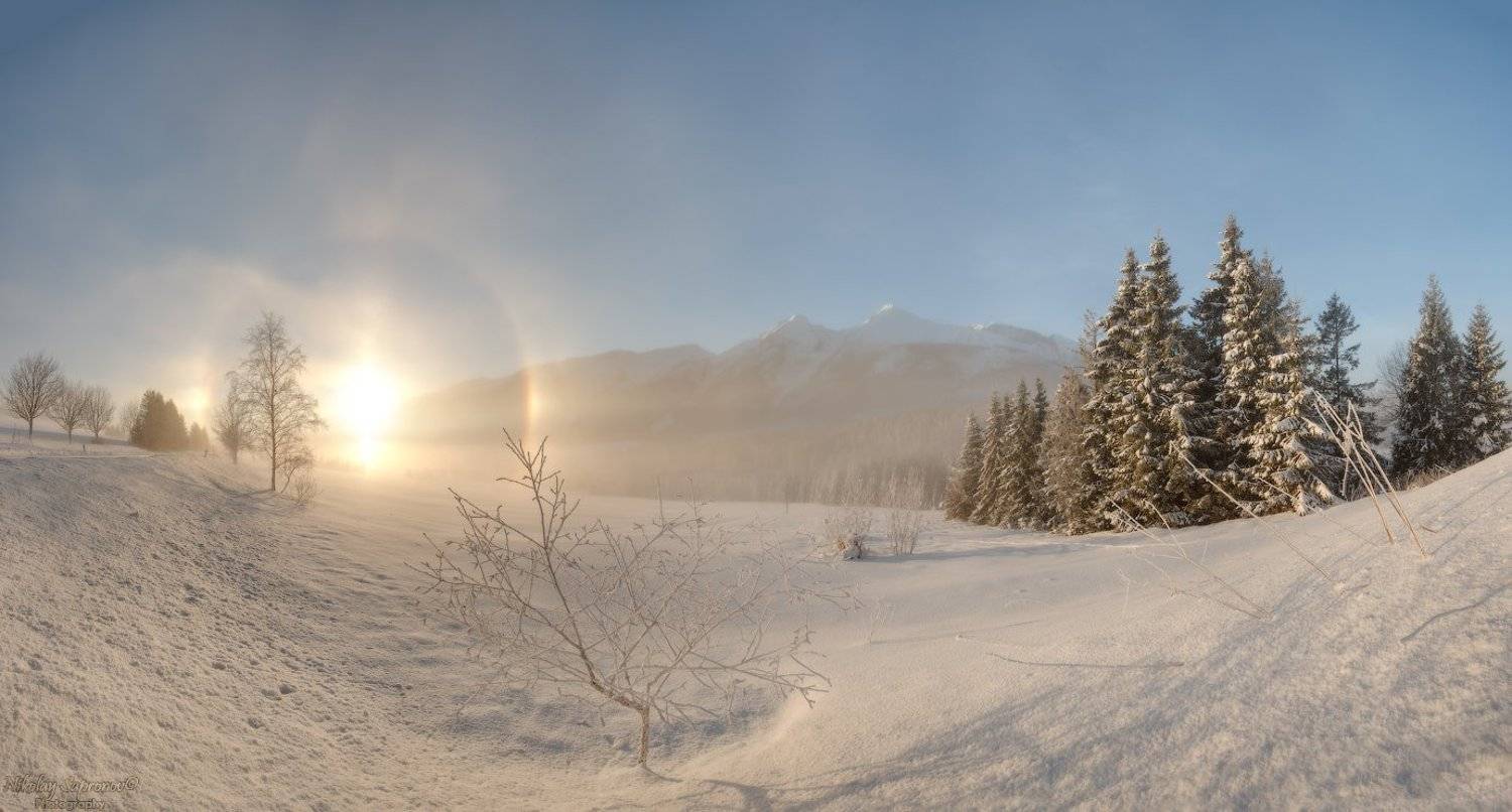 Горы, Татры, Словакия, Белянские Татры, Зима, Радуга, Гало, Туман, Зимний туман, Ели, Горный пейзаж, Панорама, Иней, Николай Сапронов