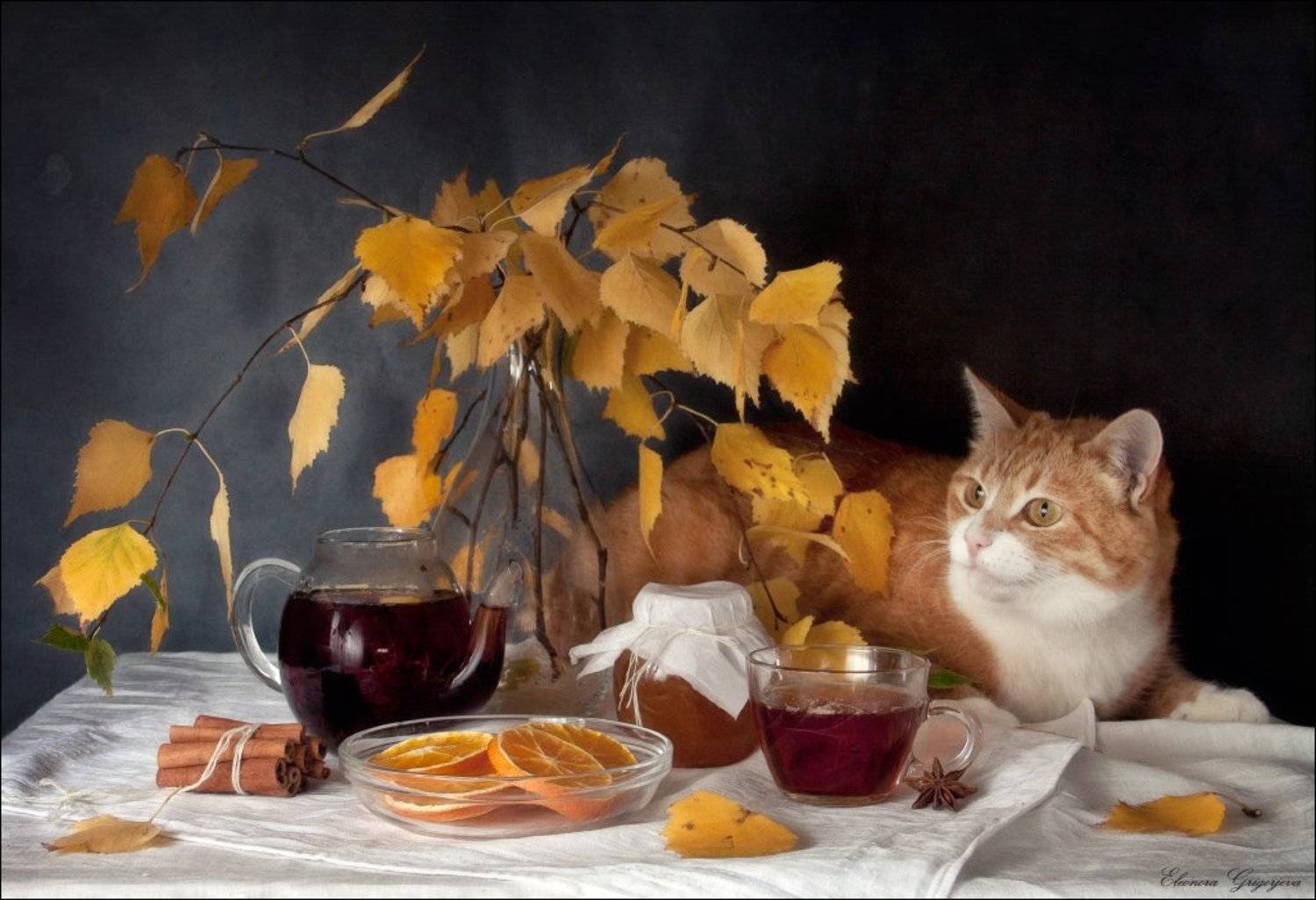 Апельсин, Корица, Листопад, Мёд, Натюркотики, Осень, Рыжая кошка, Чай, Eleonora Grigorjeva