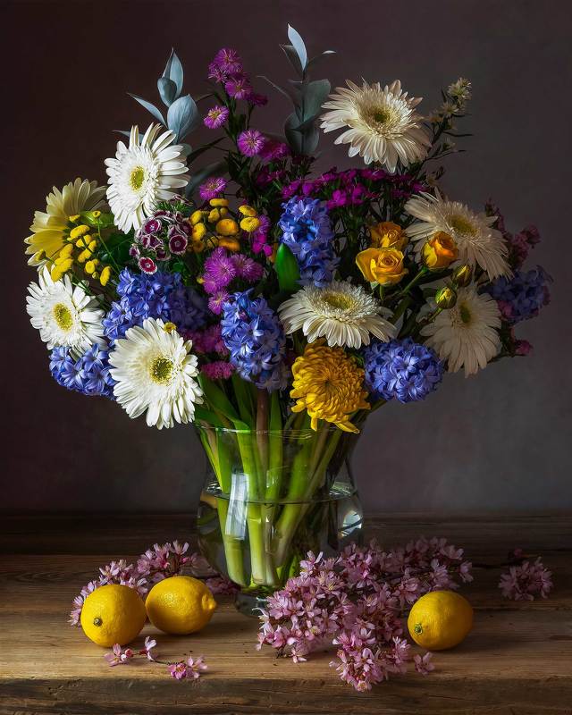 flowers, gerberras, roses, lemons, still life, botanical art, photography, spring flowers Still life with Flowers and Lemons фото превью