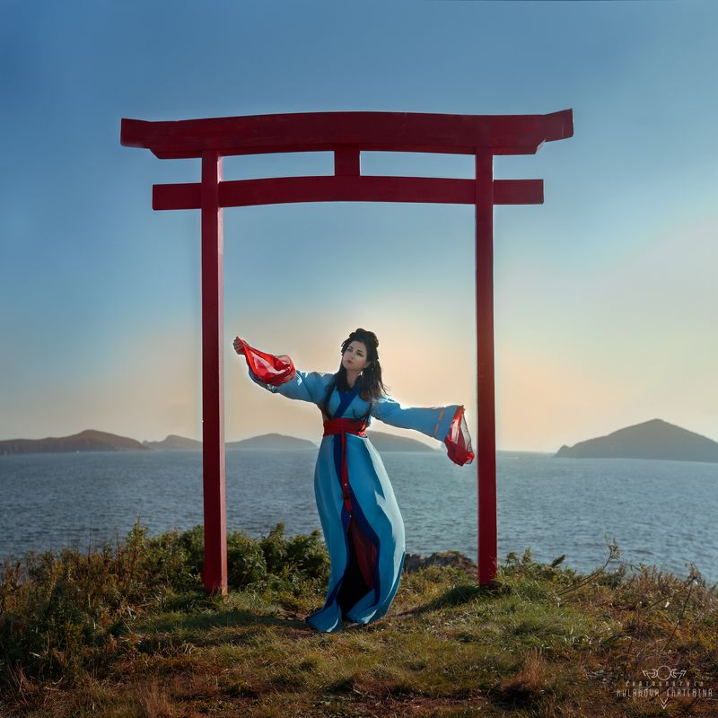 япония, море, солнце, остров, девушка, восток, красный, закат Выход в Японское море фото превью