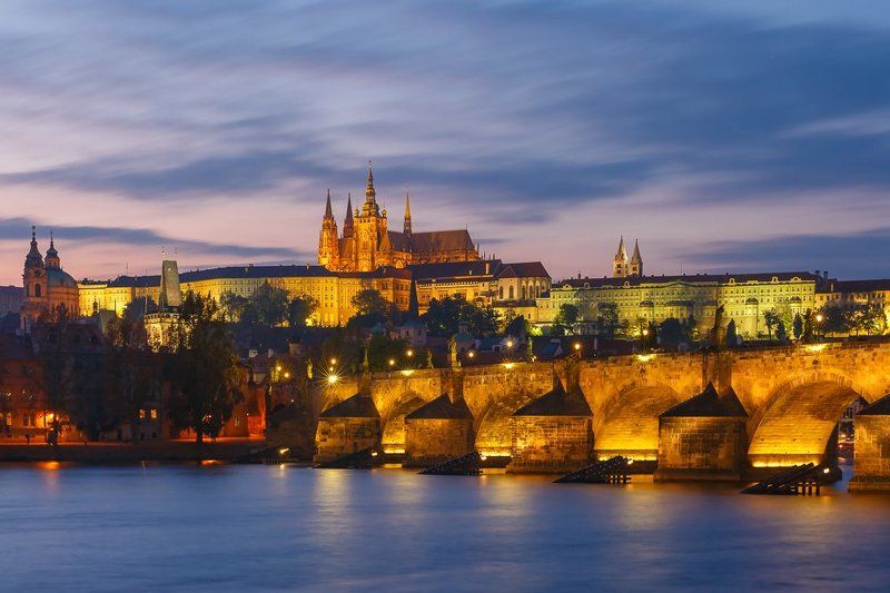 Charles bridge, Prague, Praha, Praga, Prag, Czech, river, Vltava, europe, cityscape, tower, old, evening, Czech republic, lighting, illumination, night, urban, picturesque, Czechia, Bohemia, eastern europe Карлов мост фото превью