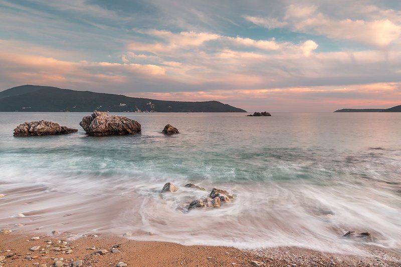 Херцег, Нови, Черногория, море, прибой, закат, камни, небо Перед закатом в Херцег-Нови, Черногория. фото превью