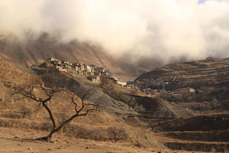 дагестан горы аул облако пейзаж архитектура природа Чох, Дагестан. Облако над аулом. фото превью