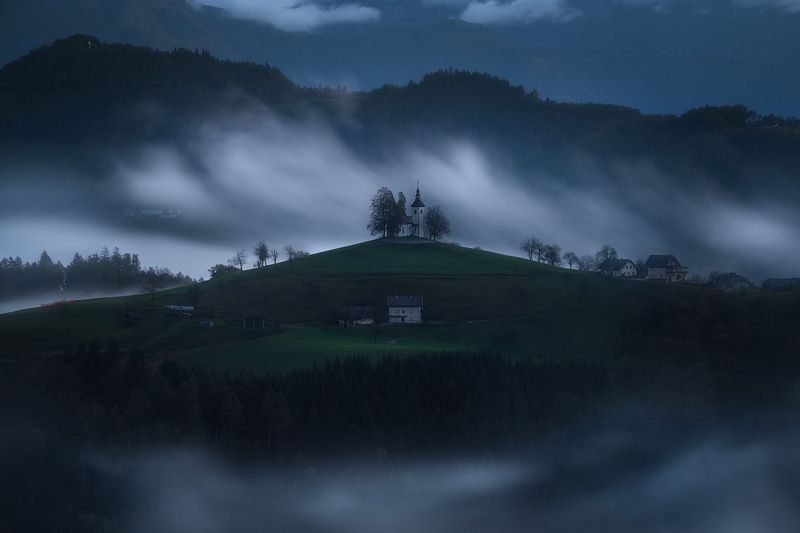 slovenia, mountains, church, longexpo, clouds, Foggy Dawn фото превью