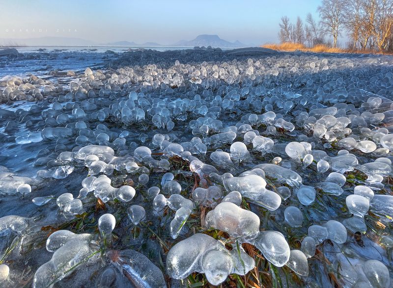 hungary, ice, winter, frozen, lake, balaton, landscape, sunset, waves, ice bubbles Ice Bubbles_2 фото превью