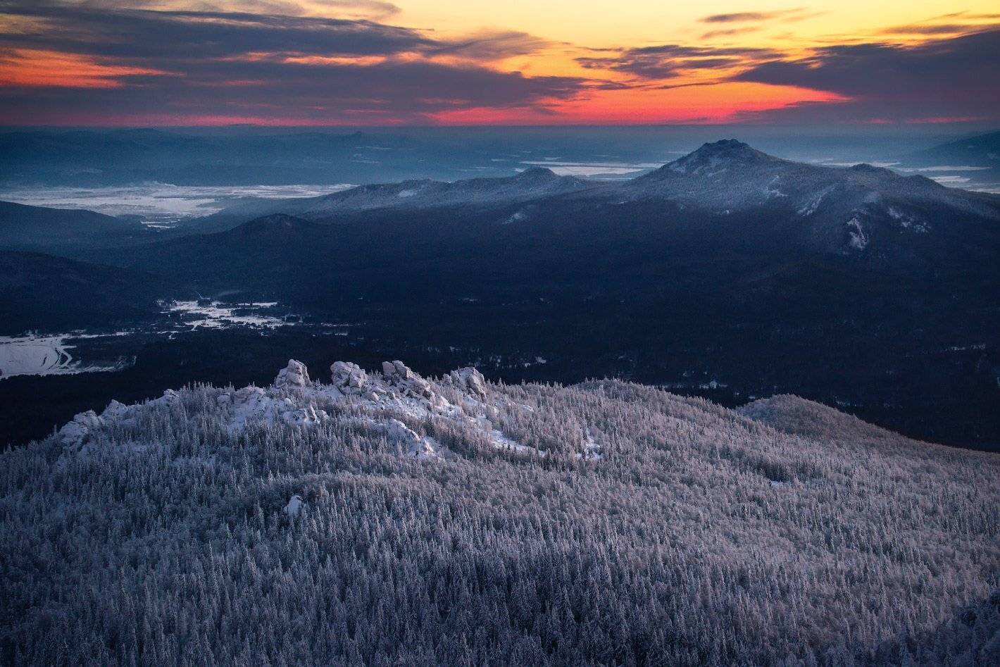 Горы, Закат, Зима, Снег, Урал, Ялангас, Владимир Ляпин