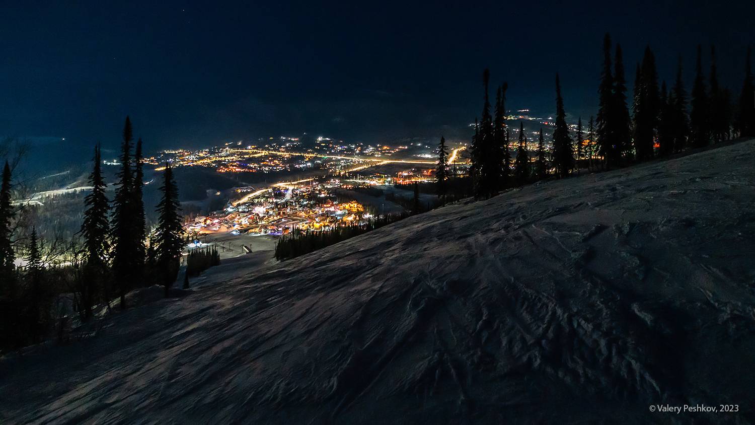 гора зелёная, зима, ночь, мороз, склон, ночной, шерегеш, горная шория, сибирь, Пешков Валерий