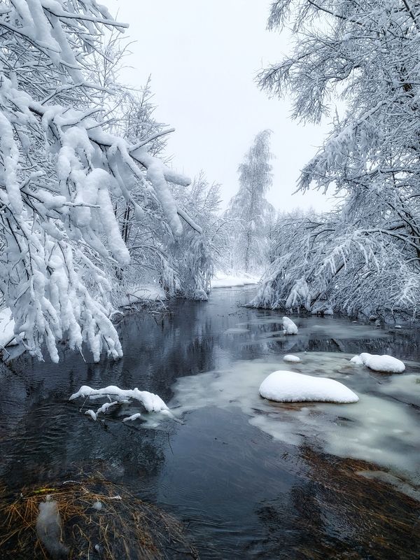 Темная река в белоснежном окружении фото превью