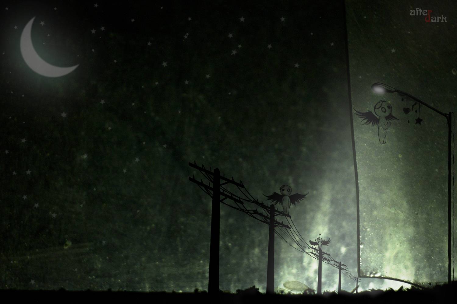 ночь, атмосфера, зеленый, свет, полумесяц, столбы, одиночество, графический, стиль, раимун, алексей, тайны, пейзаж, Раимун Алексей