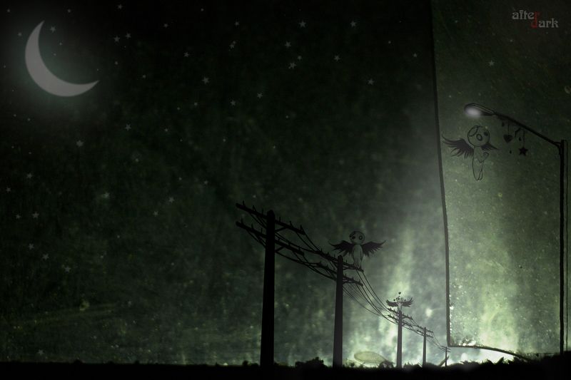 ночь, атмосфера, зеленый, свет, полумесяц, столбы, одиночество, графический, стиль, раимун, алексей, тайны, пейзаж Мгновенье места прибывания фото превью