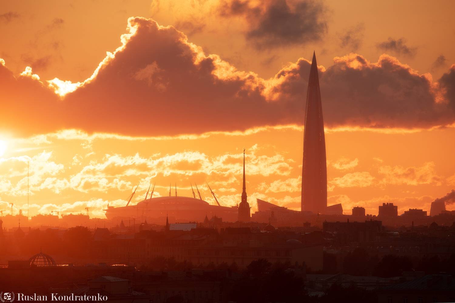 санкт-петербург, закат, лахта-центр, лахта, небоскреб, прострел, газпром-арена, петропавловский собор, петропавловская крепость, Кондратенко Руслан