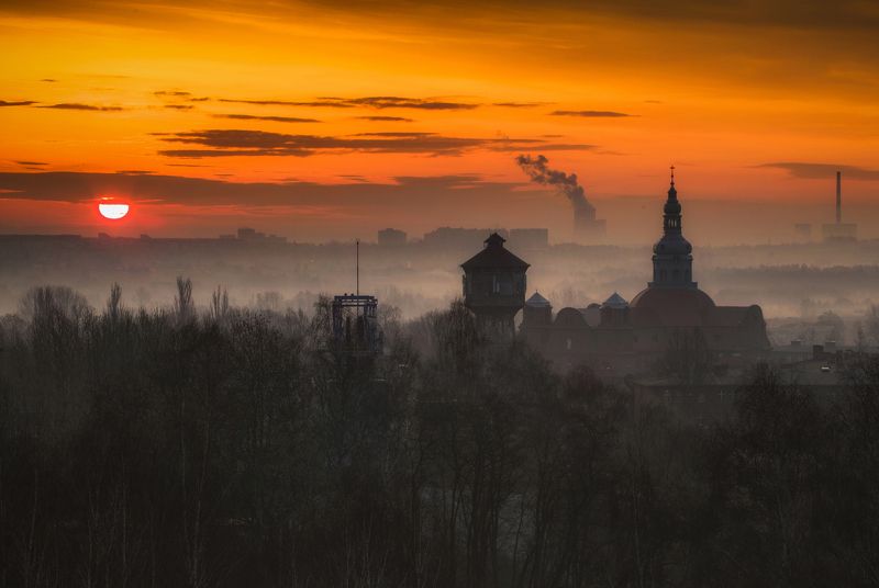 Sunset, Architecture, Dusk, Nature, Travel, Church, Landscape, Cityscape, Sunrise, Fog, Smog, Dawn, Morning, Katowice, Nikiszowiec The view from my window  фото превью