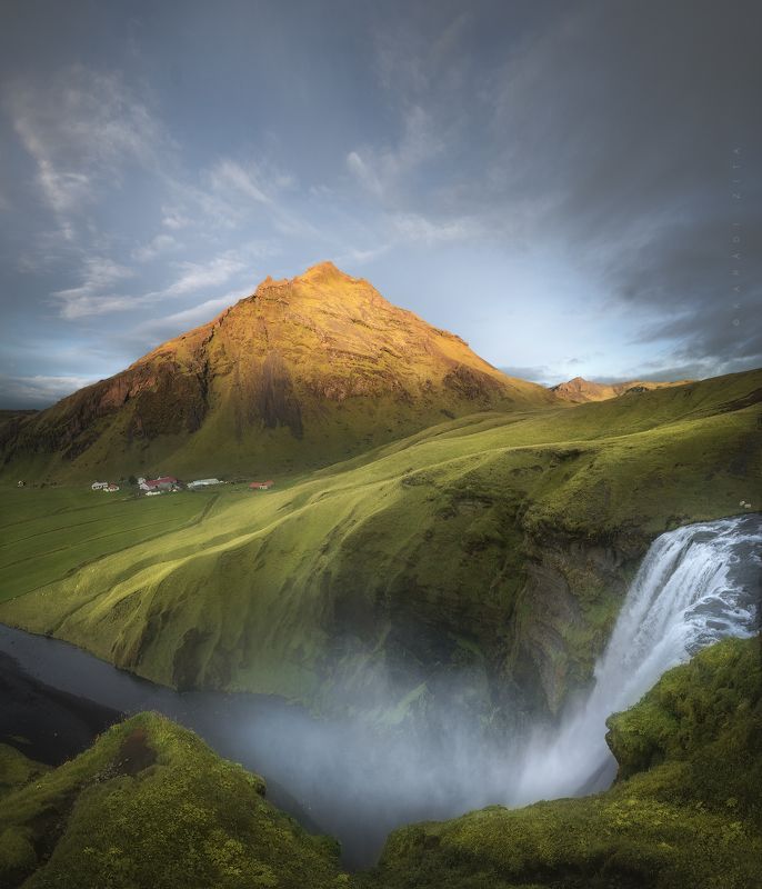 iceland, waterfall, longexpo, landscape, mountains, sunrise Green Land фото превью