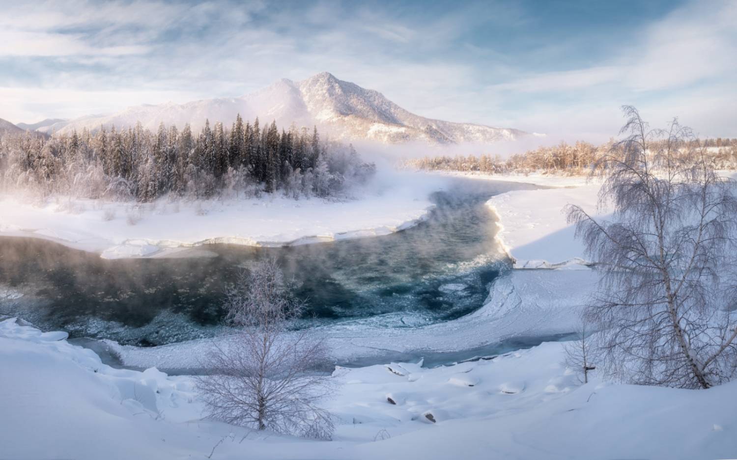 алтай, горный алтай, зимние горы, зимний пейзаж, зимний алтай, горы, река, реки алтая, катунь, парящая река, мороз, усть-коксинский район, Рубан Алена
