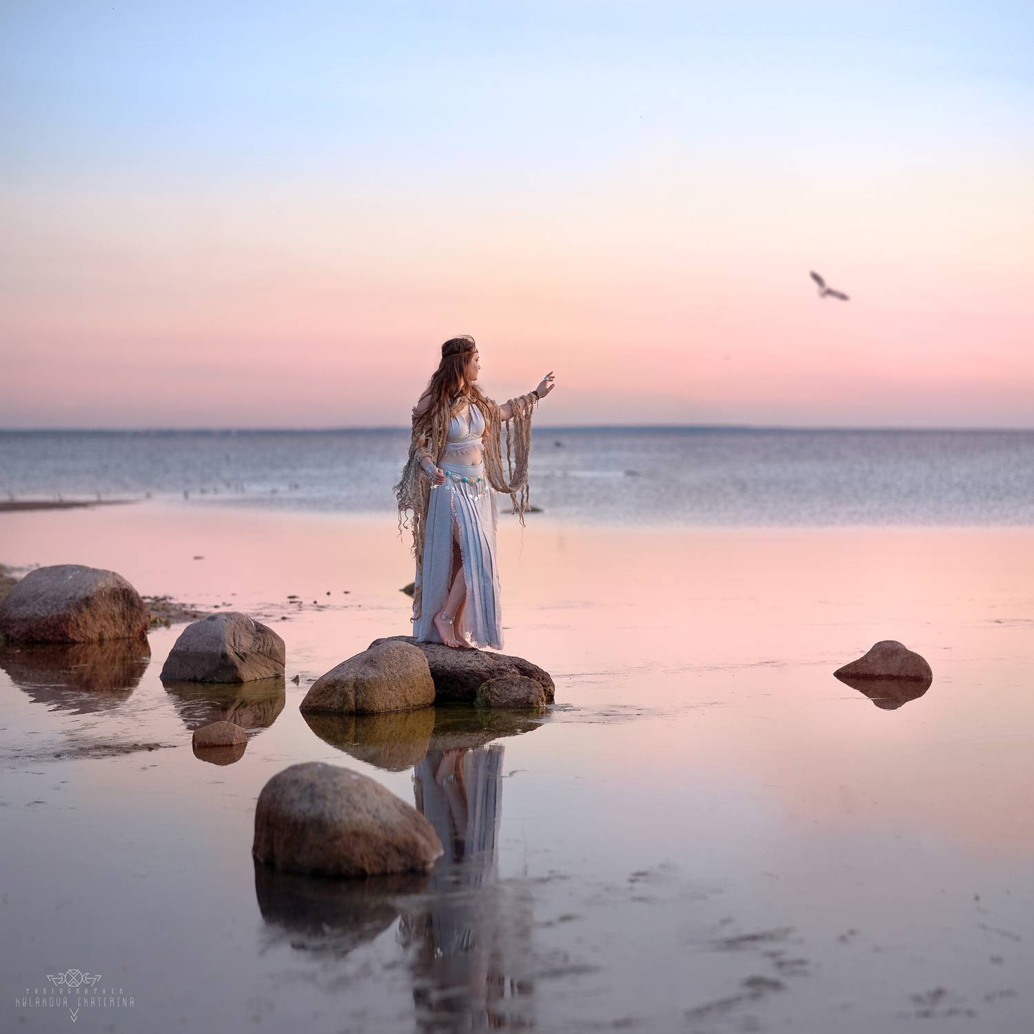 море, закат, штиль, девушка, романтика, розовый, бохо, Кулакова Екатерина