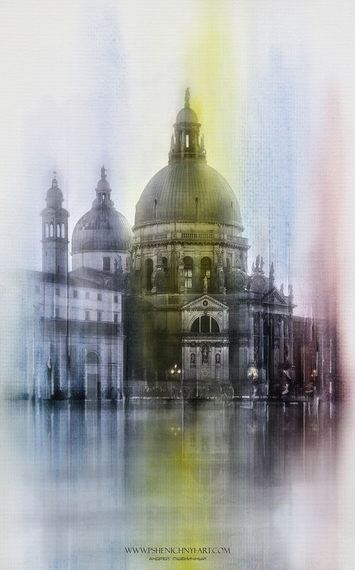 архитектура, городской пейзаж, акварель, италия, венеция, санта-мария-делла-салюте, собор, гранд-канал, отражение Венецианская акварель фото превью