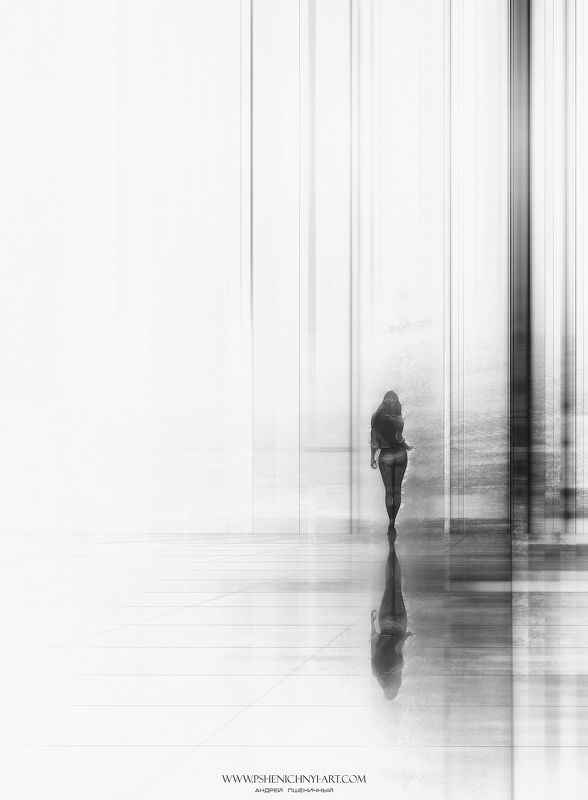 силуэт, девушка, вертикаль, горизонт, отражение, ритм, чёрно-белое, концепция Verticals фото превью