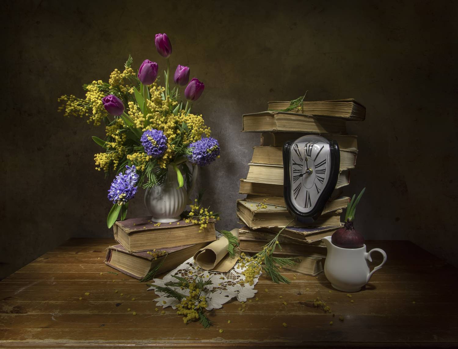 натюрморт, книги, мимоза, гиацинты, тюльпаны, Феденкова Татьяна