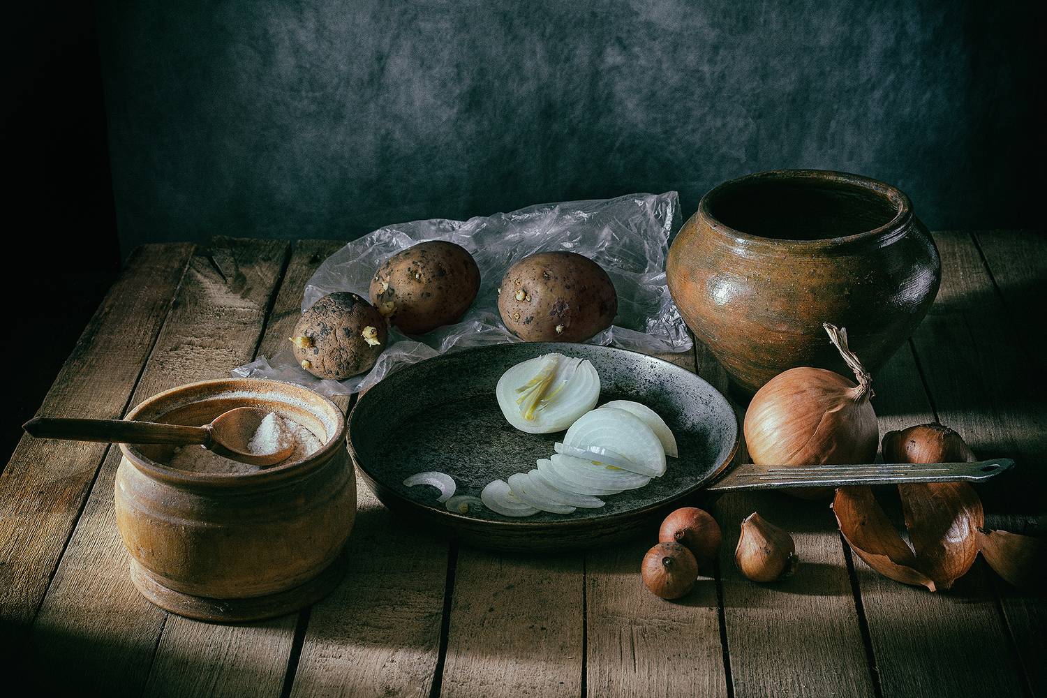 лук, картофель, сковорода, горшок, соль,ложка, Баг Алексей