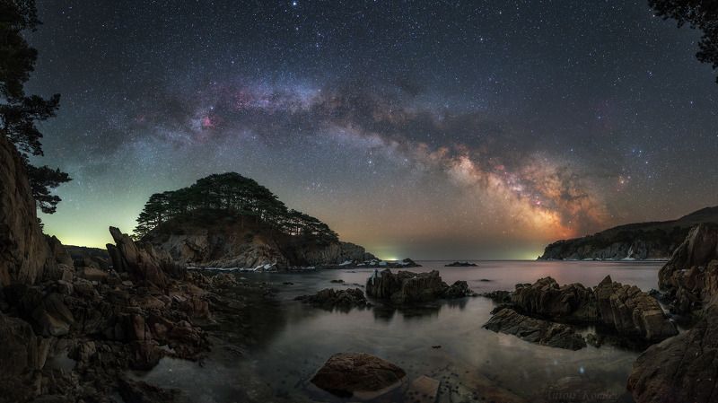 млечный путь, звезды, сосны, море, ночь, приморье, японское море, март Млечный Путь над весенним побережьем фото превью