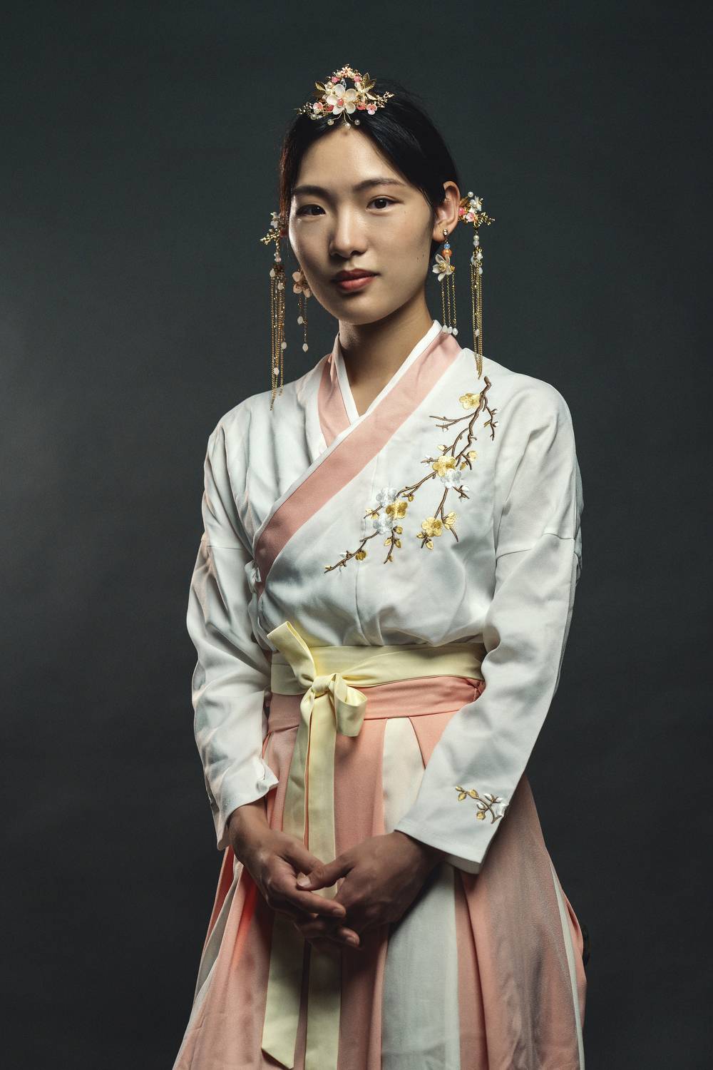 beautiful woman, beauty, chinese girl, dress, elegance, fashion, femininity, front view, human face, individuality, indoors, jewelry, lifestyles, looking at camera, one person, portrait, pose, standing, studio shot, traditional clothing, young woman, Alex Tsarfin