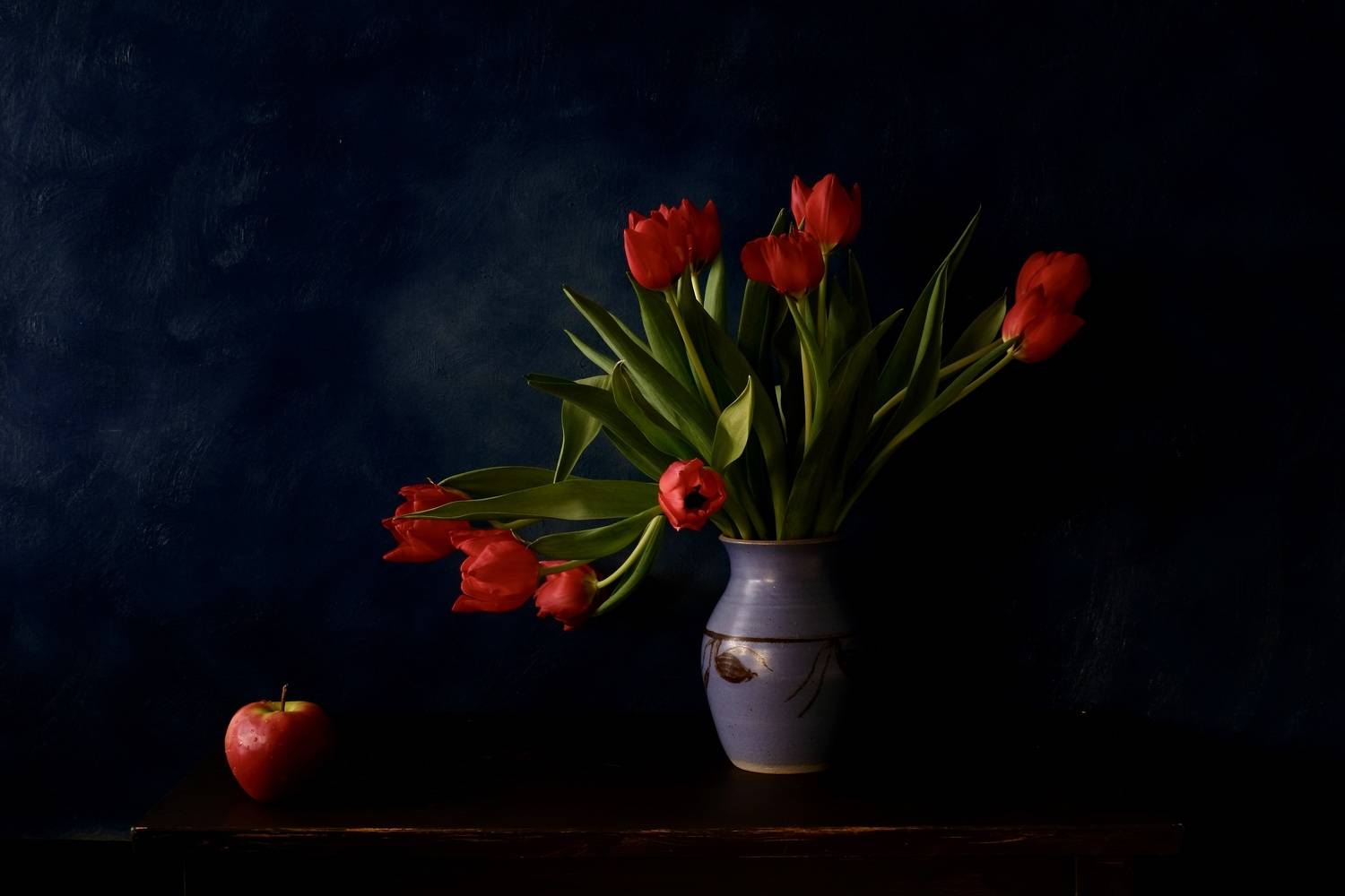 Still life, tulips, apple, mood, vase, flowers, fruit, shadow, red, nature, , Svetlana Povarova Ree