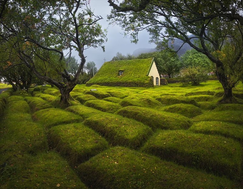 landscape iceland green church tombs semetery house village Walk into the Shire фото превью