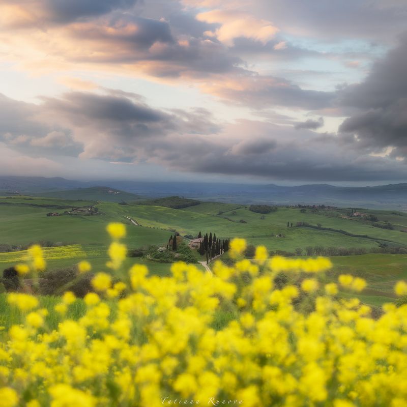 Рассветное небо над полями Тосканы фото превью