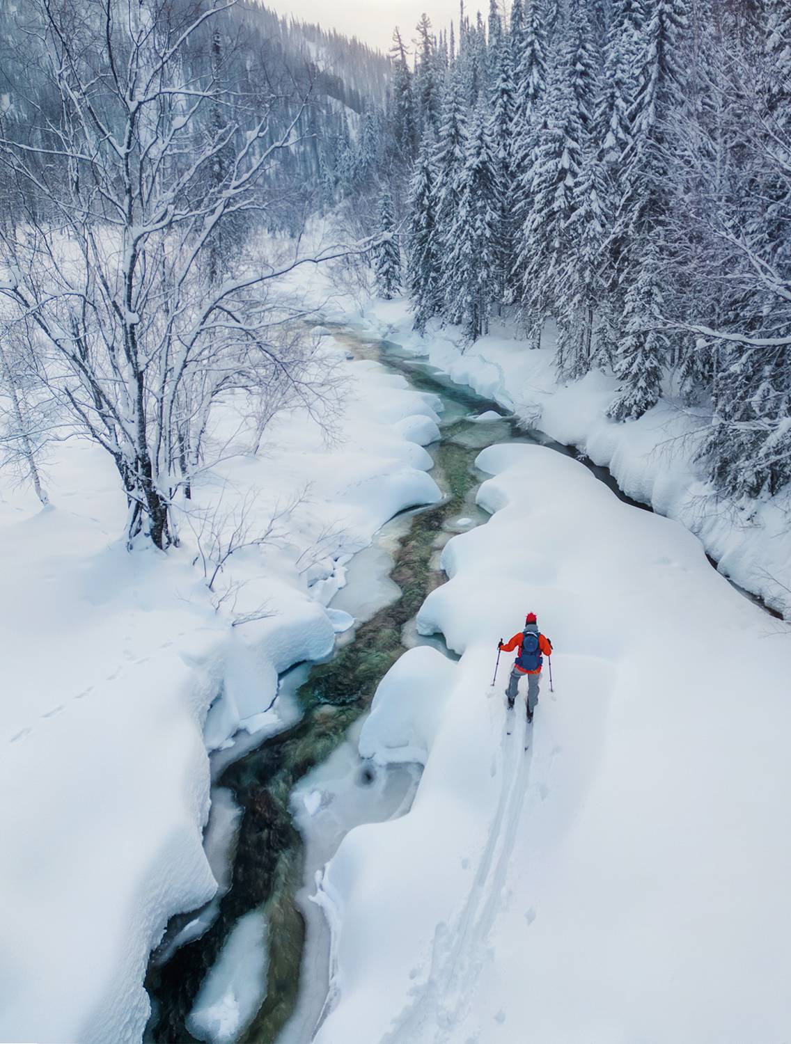 Снег, лыжы, река, лужба, тайга, лес, Василеня Роман